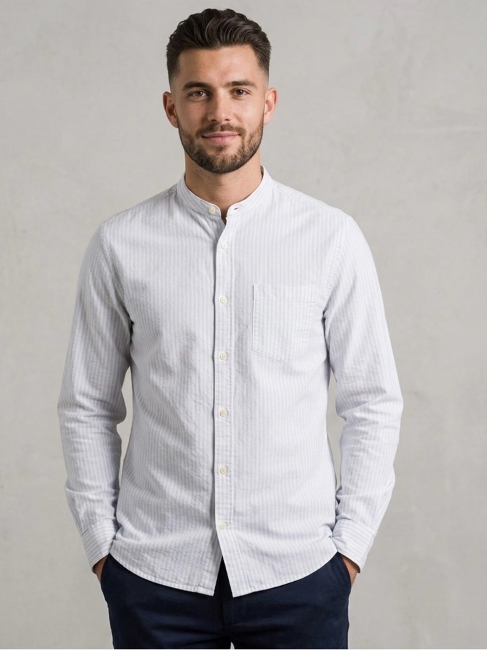 Norse Projects Hans Collarless Oxford Shirt Button Up 100% Cotton Striped Blue